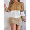 QICED Autumn and Winter Casual Color-block Preppy Lantern-sleeved Sweater Dress for Women