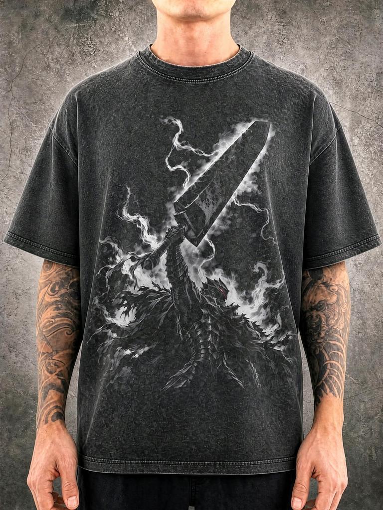 Guts Berserk Armor Victory Mineral Washed Graphic Shirt | Heavyweight Oversized Tee | Vintage Streetwear