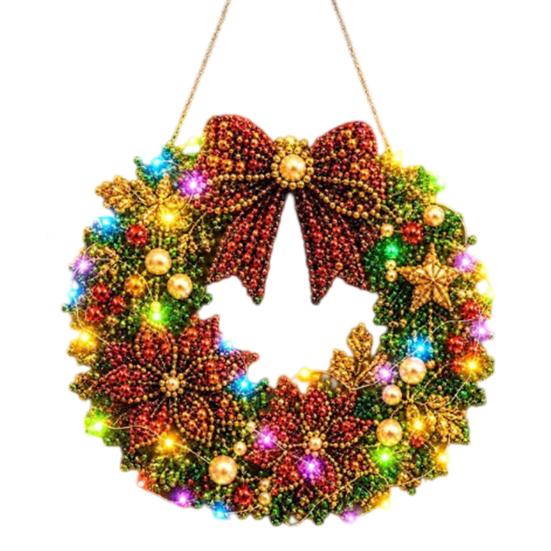 Funkelndes Edelstein Bastelset DIY Acryl Weihnachten Kunstperlen Aufhänge-Set, Beleuchteter Kranz 3D Perlen-Sets für Erwachsene Set mit LED-Lichterkette