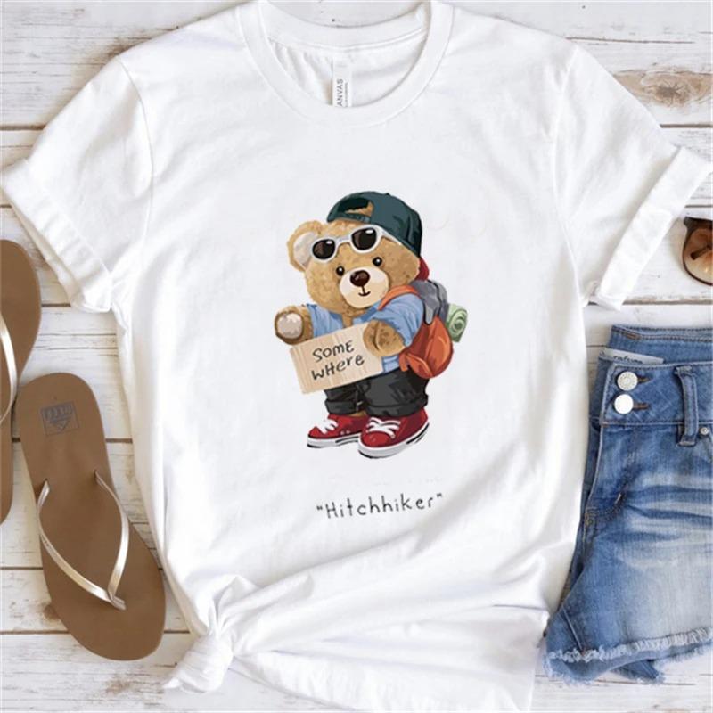Cute Little Bear Print TShirt Summer Trend White Short Sleeve Neck Casual Sports Aesthetic Clothes Womens Graphic T Shirts