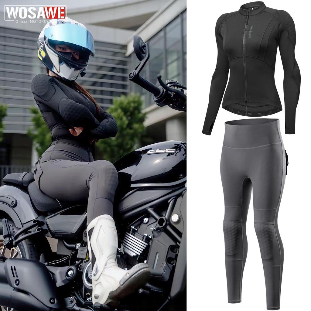 WOSAWE Women's Motorcycle Clothing Slim High Elastic Motorcycle Shirt Pants Full Body Soft Armor Protection Suit