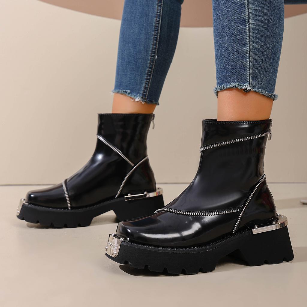 Scarpe Femminili 2025 Alta Qualità Zip Stivali da Donna Primavera Punta Rotonda Tinta Unita Gambale Corto Tacco Medio Impermeabili Stivali Britannici Zapatos