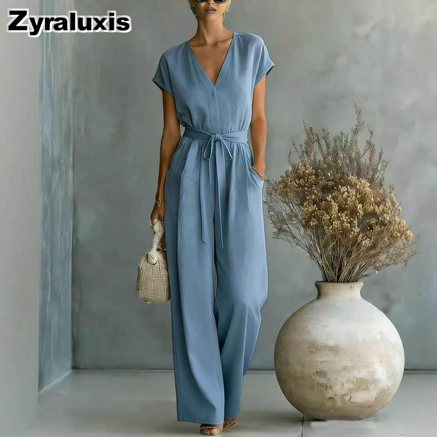 New Women's Summer Office V-Neck Waist Belt Bodysuit