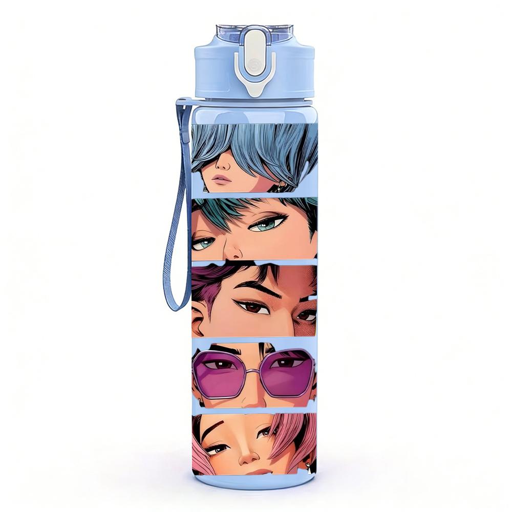 1PC Split Face Multi Tone Anime Lady 750ml Color Plastic Sports Water Bottle Leakproof Flip Straw Lid Suitable for Sports Office Home Use