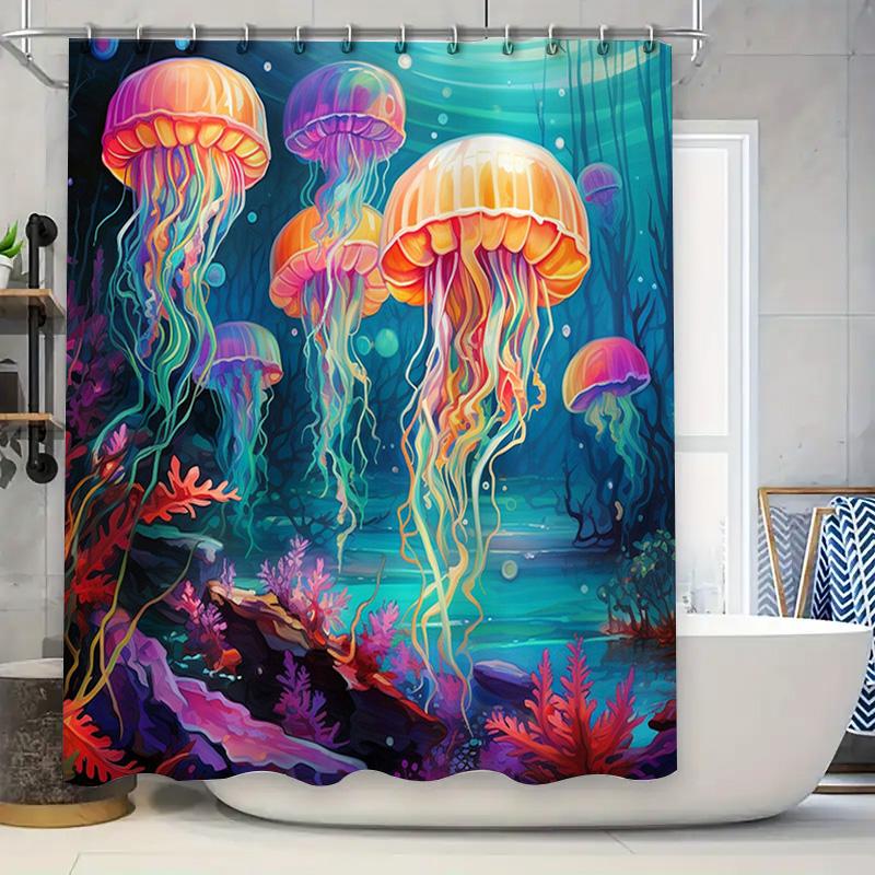 

Underwater World Shower Curtain Jellyfish Coral Design For Bathroom Decorations, Waterproof Fabric For Home Decoration In Variou W60H190(CM)-1 Pcs