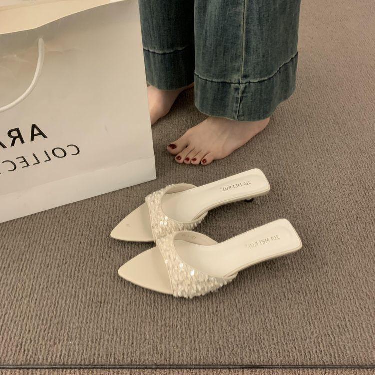 French Temperament Sequins with Open-toed Pointed Slippers for Women's Summer Wear 2025 New Kitten and Cool Slippers