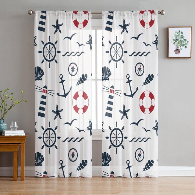 Sea Beach Lighthouse Starfish Seagull Sheer Window Curtains For Living Room Bedroom Modern Tulle Curtains Fabric Drapes