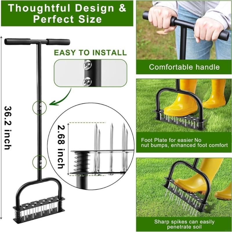 Strong Manual Lawn Aerator With 34.6 Inch Long Handle And Wide Step Plate For Back Saving Operation M4YD