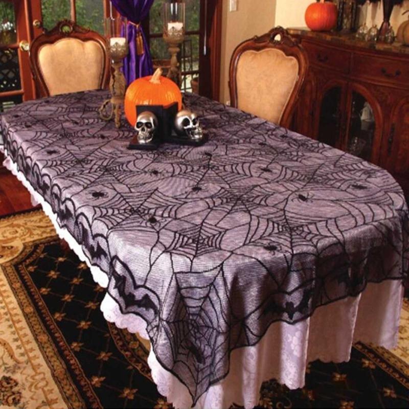 Scary Spiderweb Fabric Table Cloth Black Lace Table Cover With Spiderweb Bat Motifs For Home Decors Washable Table Cloth