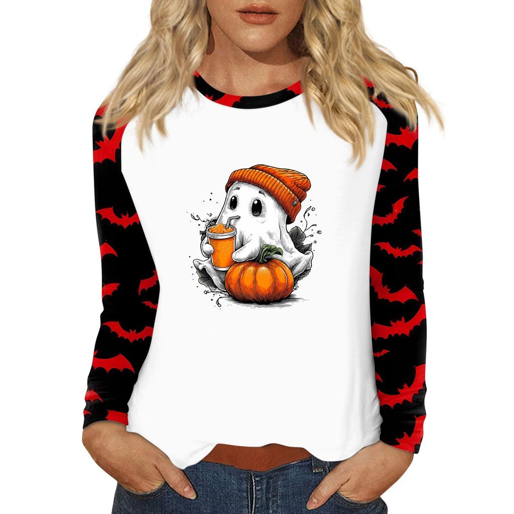 Women's T Shirt Halloween Print Long Sleeve Daily Fashion Basic Round Neck Raglan Sleeve Top