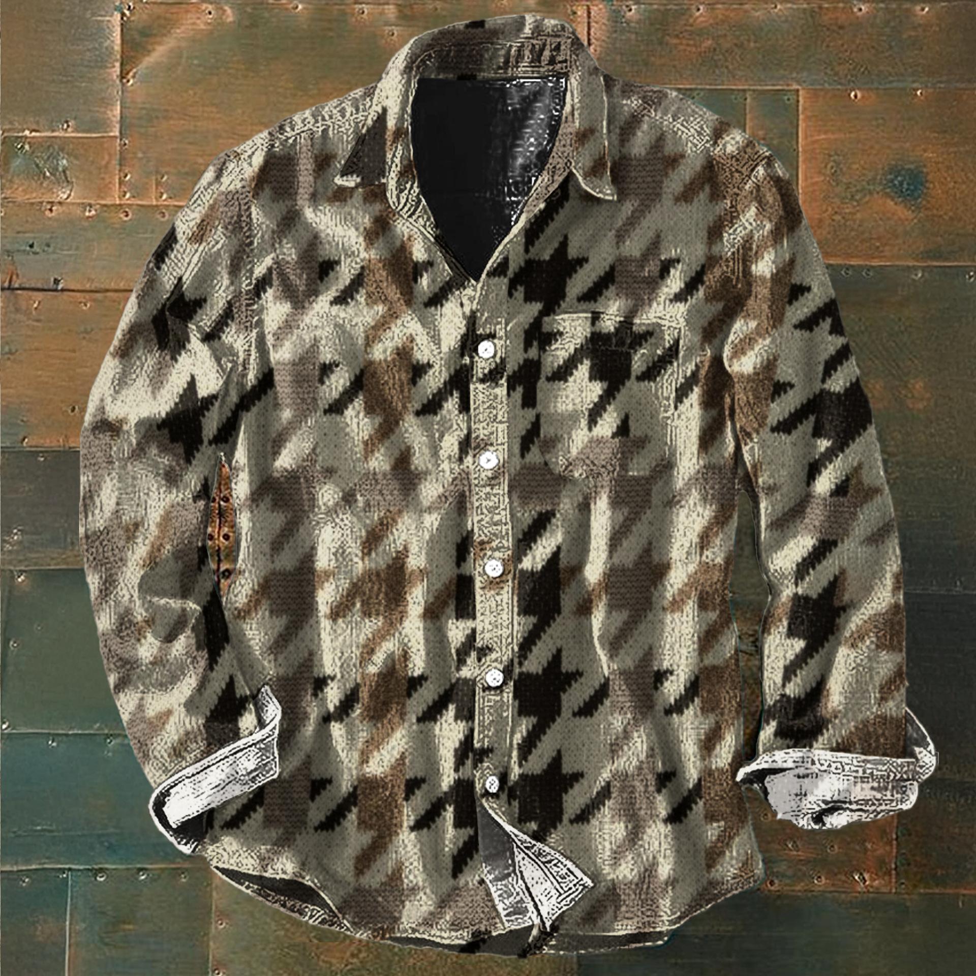 

Мужская рубашка с длинным рукавом на пуговицах с ретро-принтом в стиле праздников, выполненным в технике колор-блок S