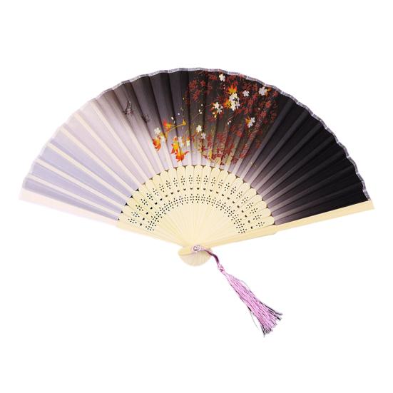 Folding Fan Anti-deform Chinese Style Bamboo Tassel Flower Printed Handheld Fan for Home