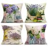 Flowerpot Lavender Printed Linen Pillowcase, Living Room Sofa Cushion Cover, Home Decoration Throw Pillow Covers 40X40