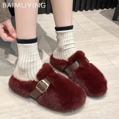 Dames Katoenen Pantoffels met Bont Voering Korte Pluche Designer Gesp Casual Schoenen 2025 Trend Warm Knus Thuis Winter Sneeuw Dameslaarzen
