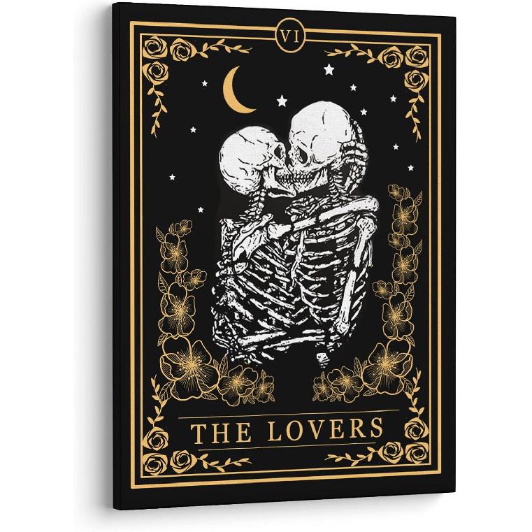 XWELLDAN Tarot Kissing Skeleton The Lovers Halloween Wall Art Canvas Prints, Love Gifts for Women, Mysterious Skull Halloween Romantic Wall Art Decor 14 L x 11 W
