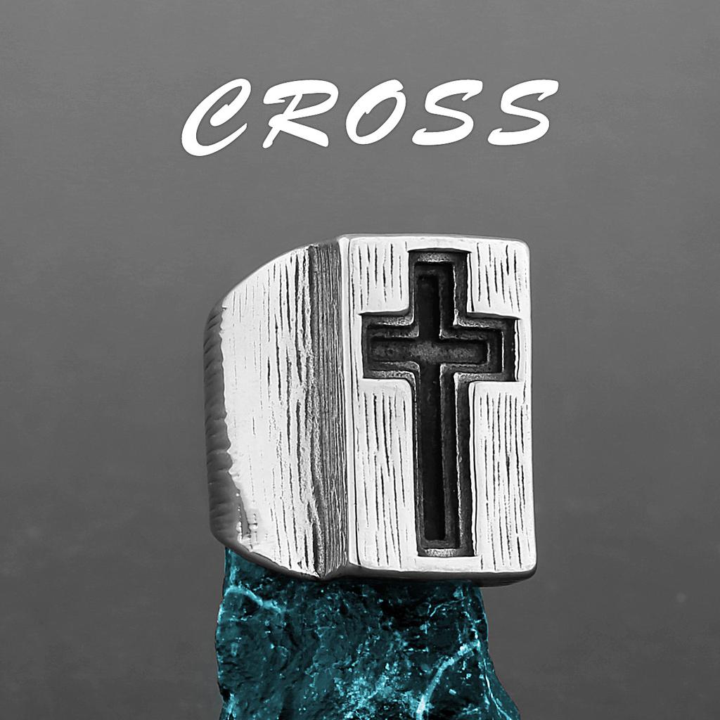 Retro Gothic Cross Large Ring for Men Stainless Steel Punk Edgy Vintage Bold Statement Accessories Unisex Christian Gift