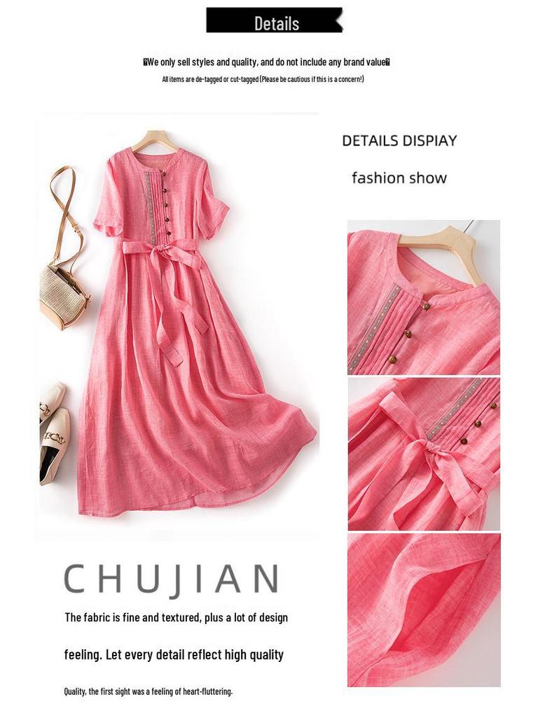 2026 Summer Ethnic Ramie Slim-Fit Long Dress - Women's Waist-Cinching, High-End Style
