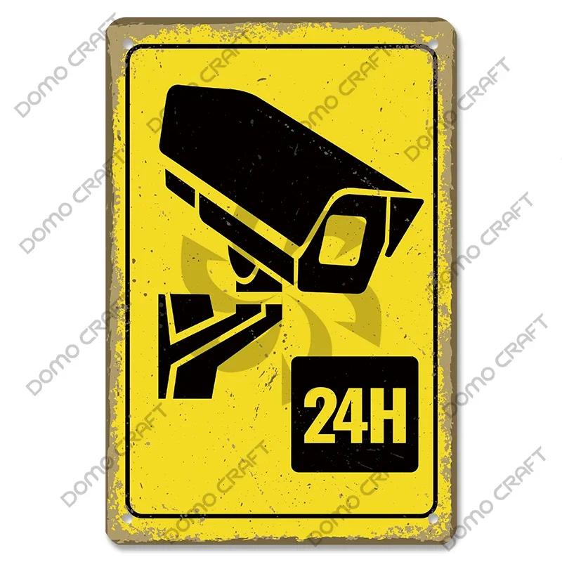 Warning CCTV Tin Signs Metal Plaque Notice  Hour Security Camera Vintage Poster Metal Plate Wall Decor for Mall Shop Bar Home