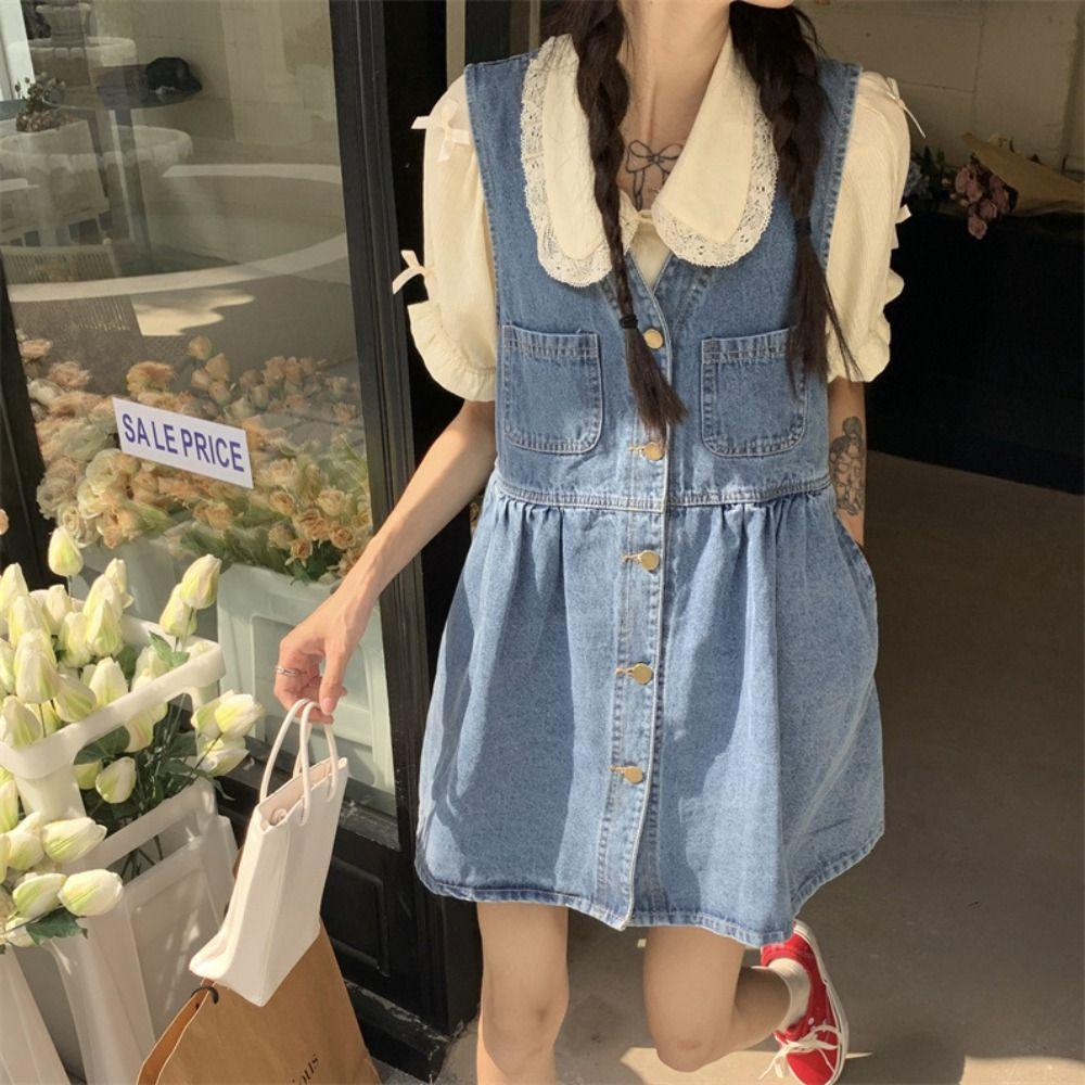 Pleated Cowboy Strap Dress V-neck Sleeveless Short Dress Sweet Denim Camisole Dress  Beachwear