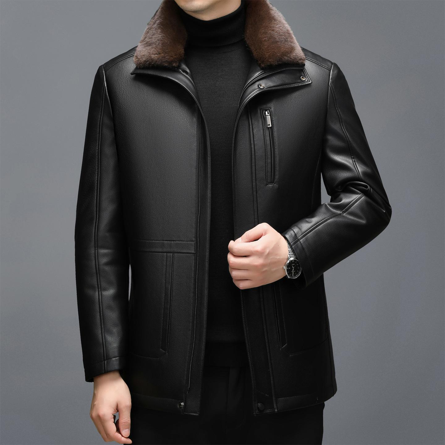 

Haining middle-aged leather leather jacket men s casual thickened solid color medium and long lapel jacket velvet cashmere jacket winter 4xl/195（ 92.5-102.5kg чорний