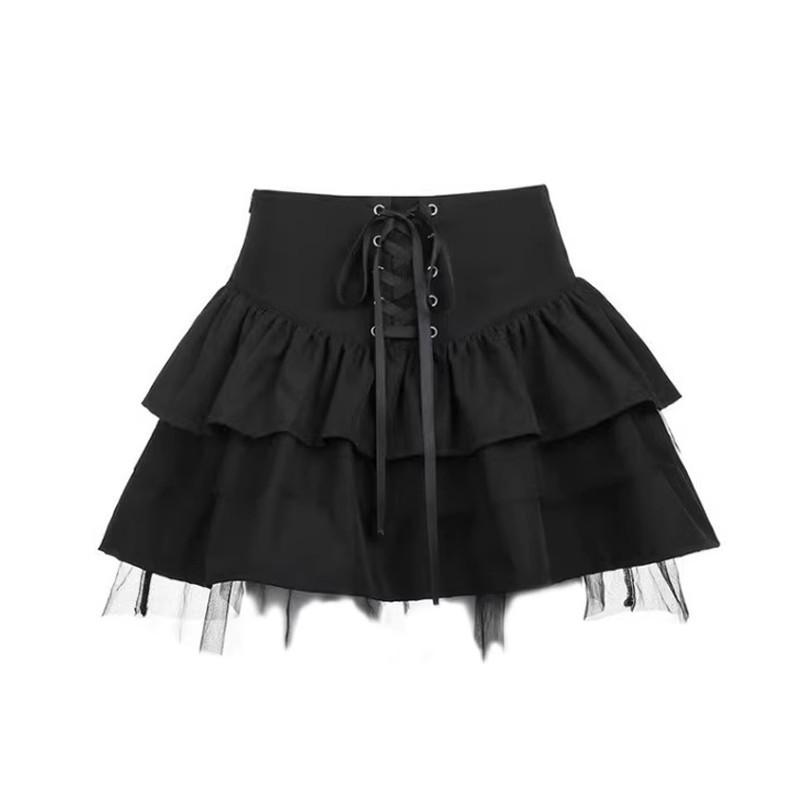 Women's Spring Autumn Ballet Style Puffy Casual Design-forward Slimming All-match Versatile Short Skirt Waist Mesh Petite Black Lace-Up JK Skirt