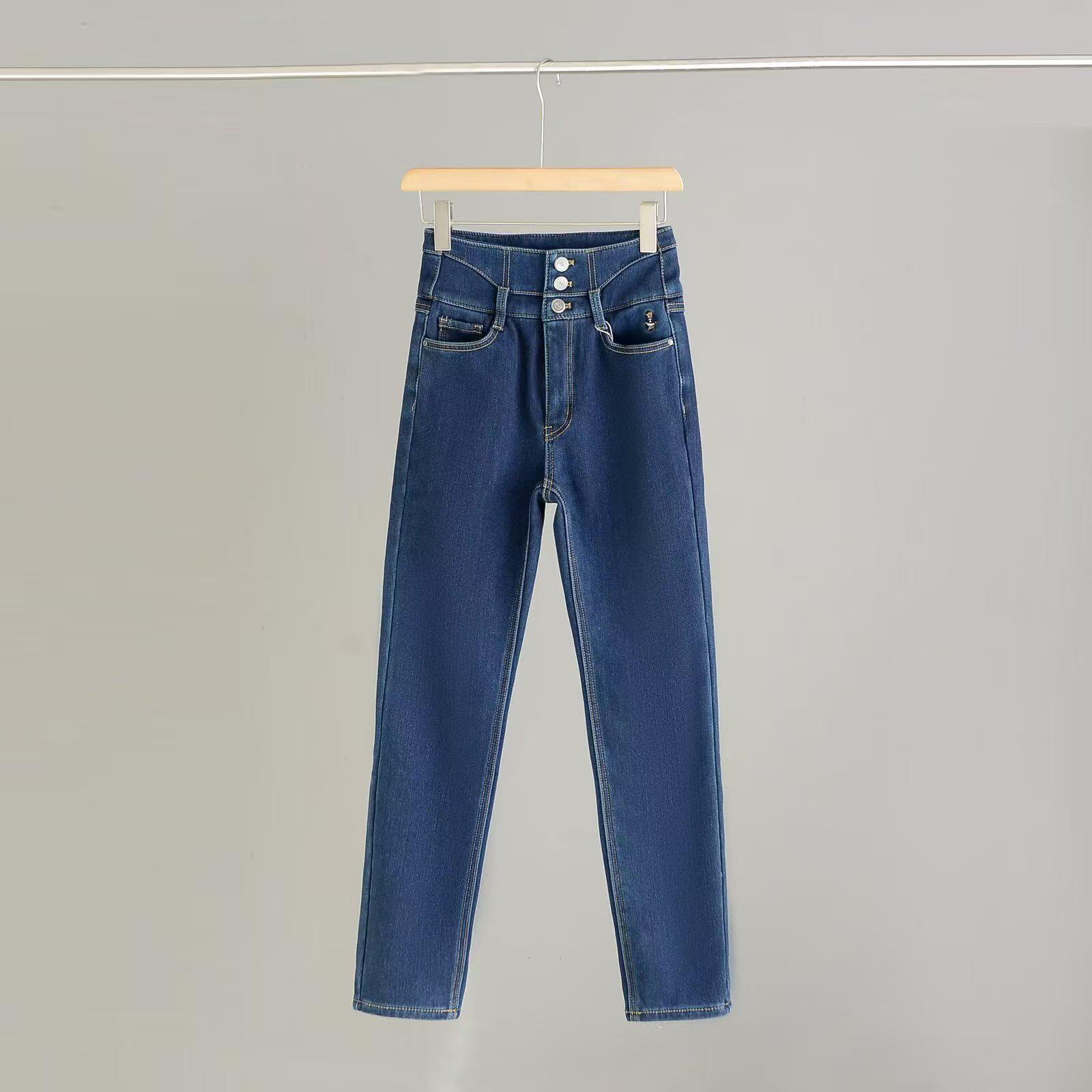 2025 Autumn/Winter Women s High-Waisted Warm Velvet Denim Skinny Pants Large