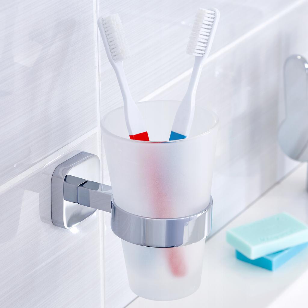 Tesa Elegaant Portaspazzolino da Bagno e Bicchiere di Vetro Metallo Cromato