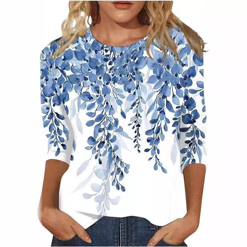 Spring and Autumn Round Neck Butterfly Flower Pattern 3D Printed Top Fashionable Casual Long Sleeved Women's T-shirts