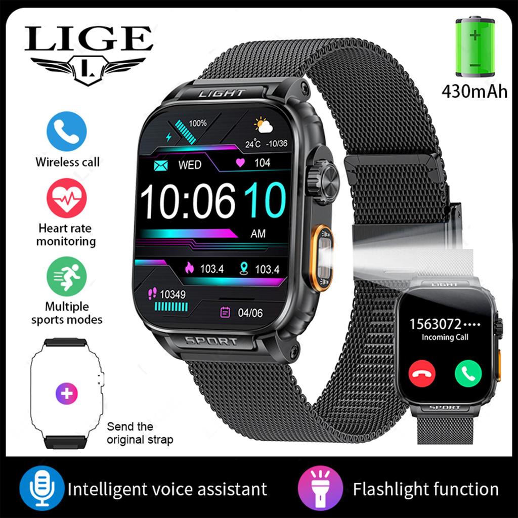 LIGE Nowy inteligentny zegarek Bluetooth Call 1,91-calowy ekran HD Sport Fitness Męski inteligentny zegarek Outdoor Sport Latarka P5 Smart Watch