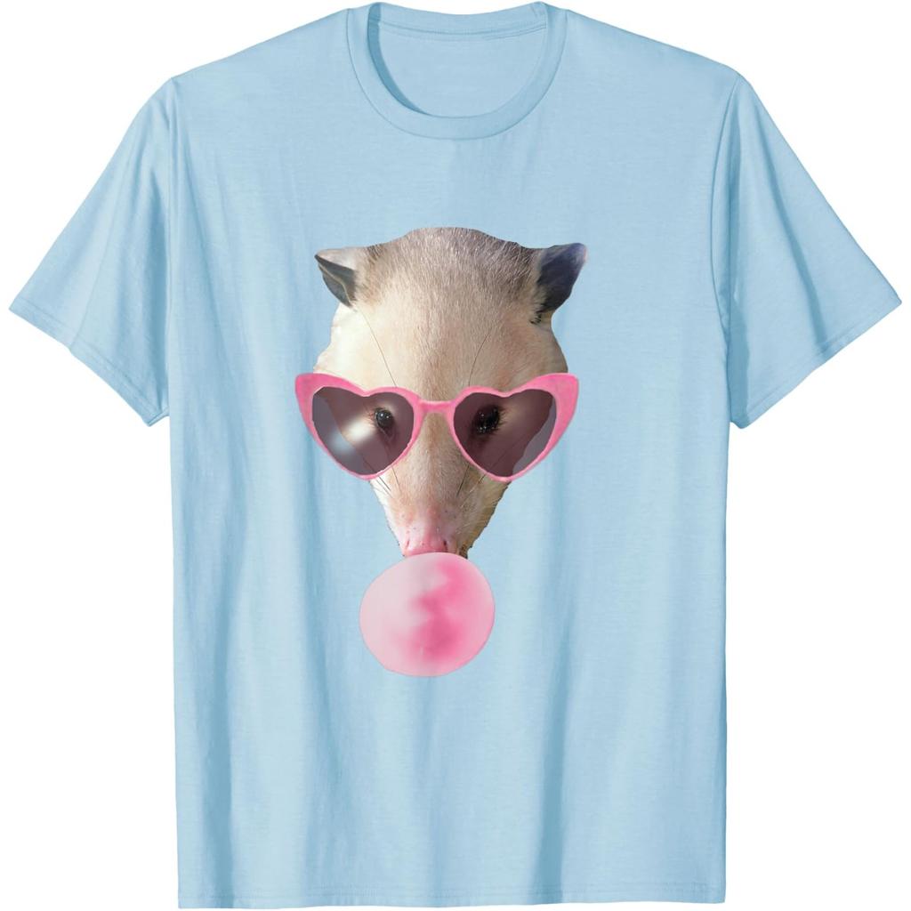 Funny Opossum Graphic Tee Pink Heart Sunglasses Chewing Bubble Gum Print Casual T-Shirt