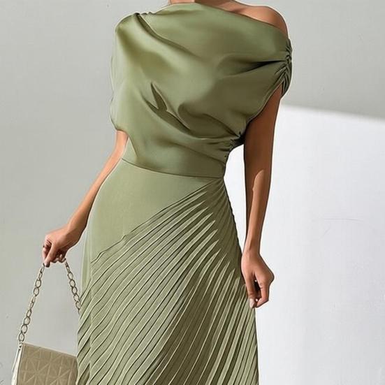 Vestido de Noche Formal Plisado para Mujer Vestido Plisado de un Solo Hombro Línea A Manga Corta Fruncido Vestido de Fiesta Cóctel