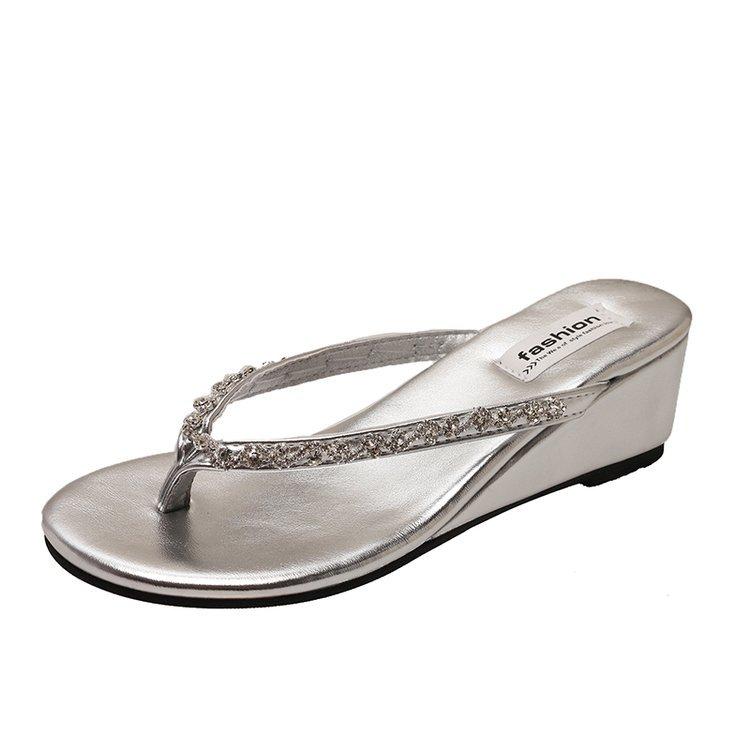 Wedge Heel High Heel Pinch Flip-flops Fairy Shoes Wear 2025 Summer Rhinestone French Silver Sandals