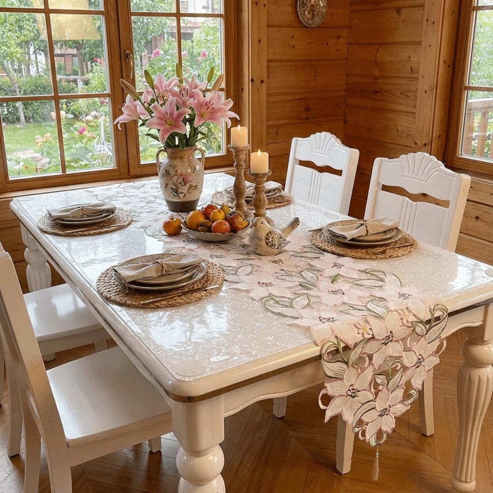 Hollow Design Embroidered Table Runner with Tassel Flower Table Mat Tablecloth Holiday Party