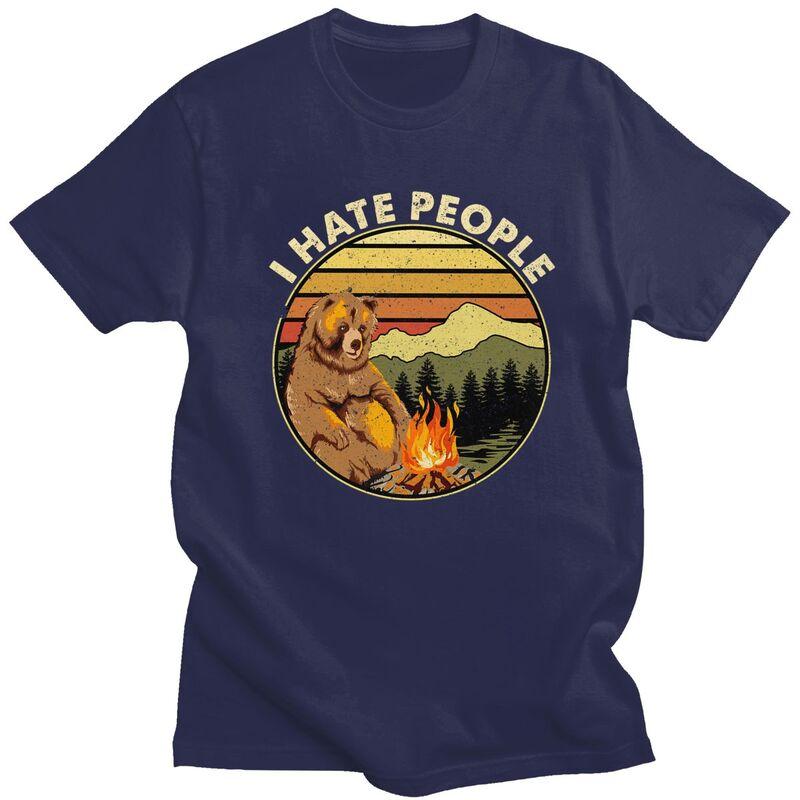 Custom Mens Bear Camping I Hate People T Shirts Short Sleeve Cotton Tshirts Casual Adventure Capmer Tees Loose Fit Clothing