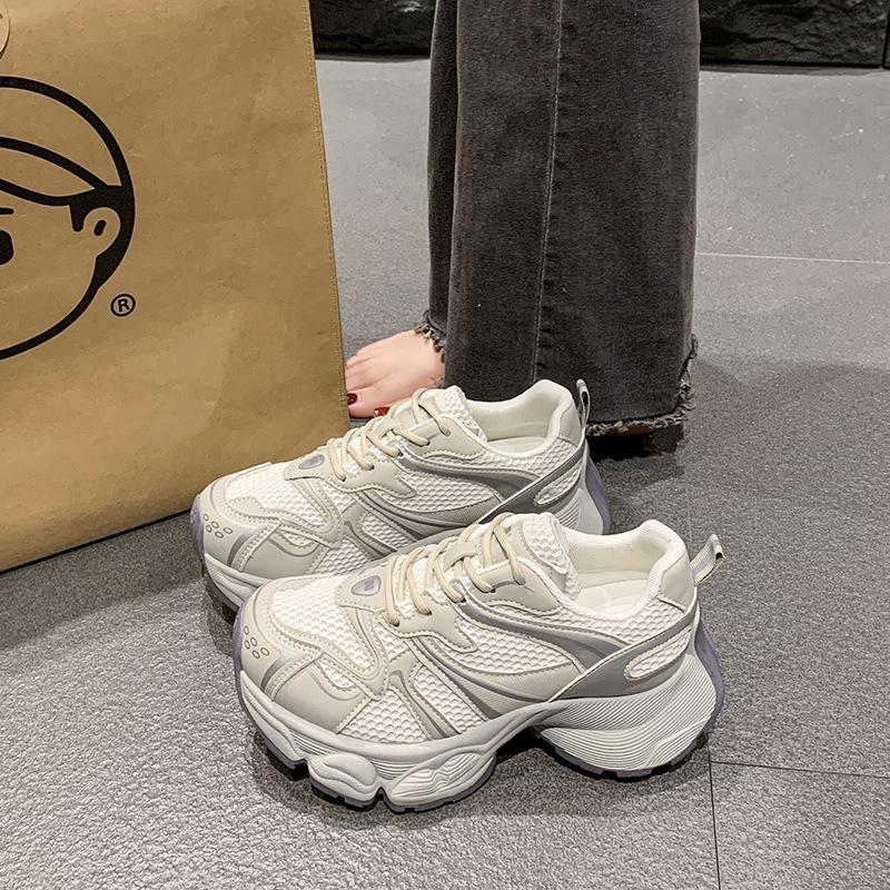 Thick-soled Heightening Dad Shoes Women's Spring New Casual Soft Leather Mesh Breathable Small Sneakers