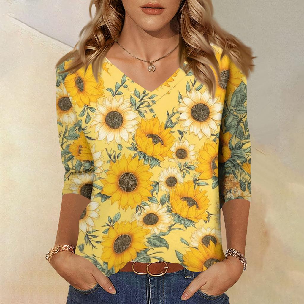 Women's Fashionable Casual V-Neck Three-Quarter Sleeve Printed T-Shirt Top