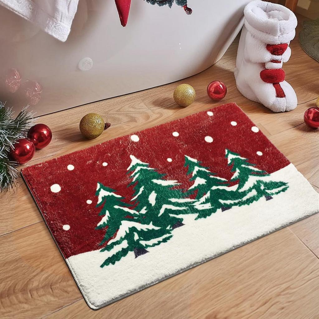 Christmas Bathroom Rugs: Non- Christmas Tree Door Mat, Soft Red Bathroom Rug, Absorbent Washable Bath Mat