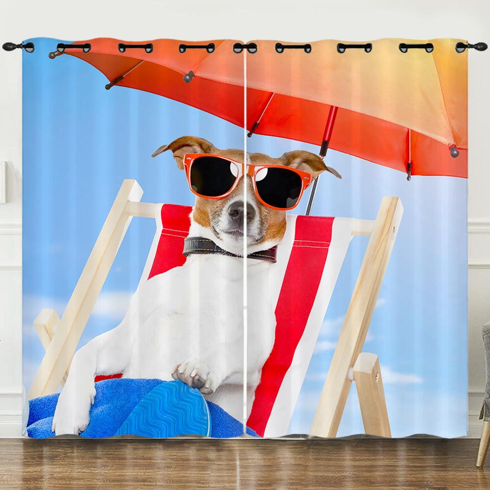 Curtains Summer Vacation Cool Cats And Dogs 3D Digital Printing Blackout Curtain Punching
