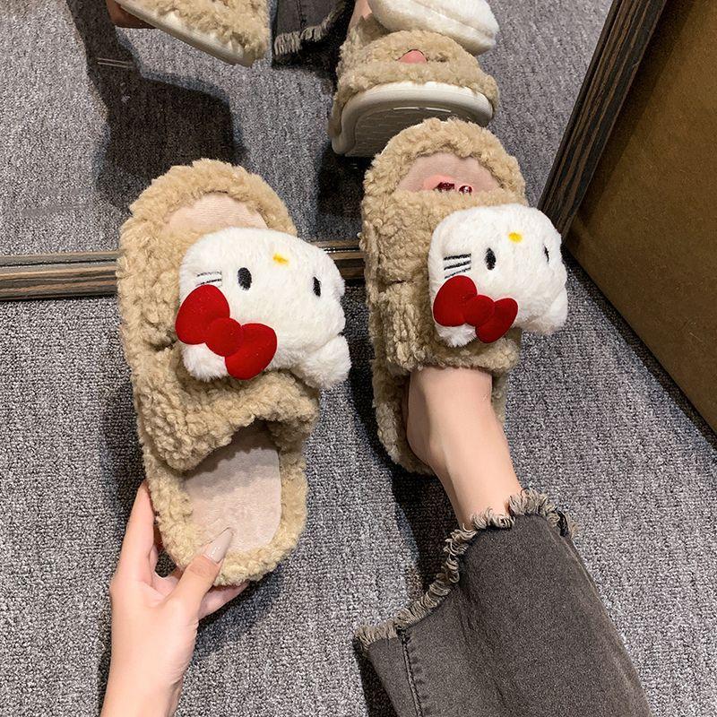 Cute cartoon kitten flat-bottomed cotton slippers for women's autumn and winter 2025 new high-value small fragrant soft bottom one-word drag