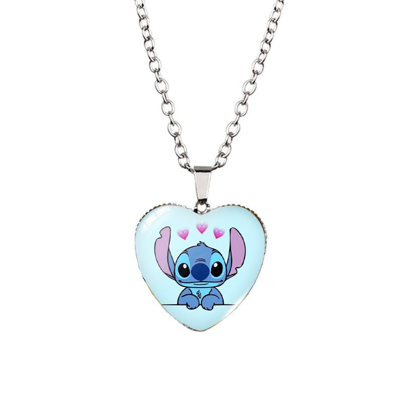 Adorable Stitch Cartoon Heart Necklace For Kids With Stunning Glass Pendant And Alloy Chain
