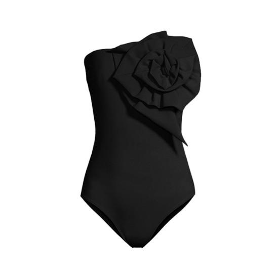 Women Monokini Bandeau Sleeveless 3D Flower Decor One-piece Bikini Solid Color Backless Quick Drying Swimwear