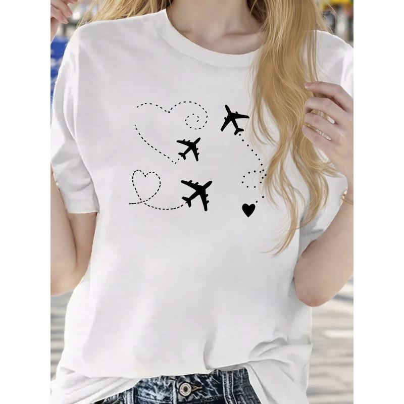 Women's 100% Cotton Graphic T-Shirt - Airplane & Heart Design, Casual Round Neck Short Sleeve Tee, Lightweight & Breathable for Summer, Running