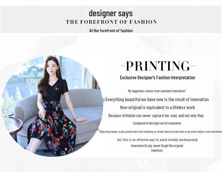 Women's Elegant Waist-Cinching Summer Chiffon Dress - Short-Sleeve, Two-Piece Look with Printed Design