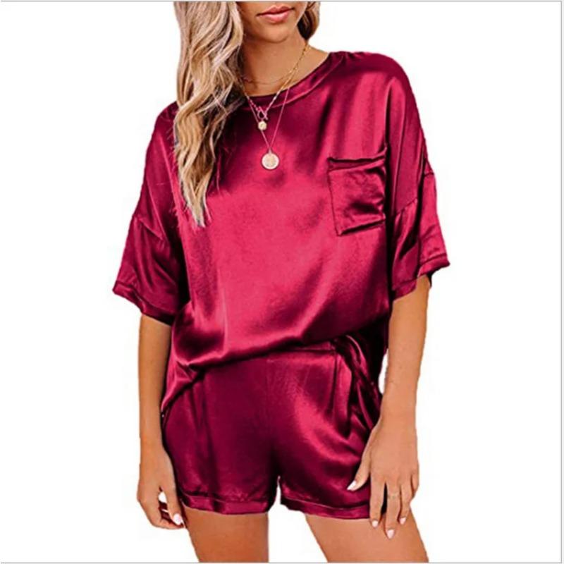 Women's Clothing Solid Color Imitation Silk Pajamas Short-Sleeved Shorts Irregular Two-Piece Suit Solid Color Homewear Set