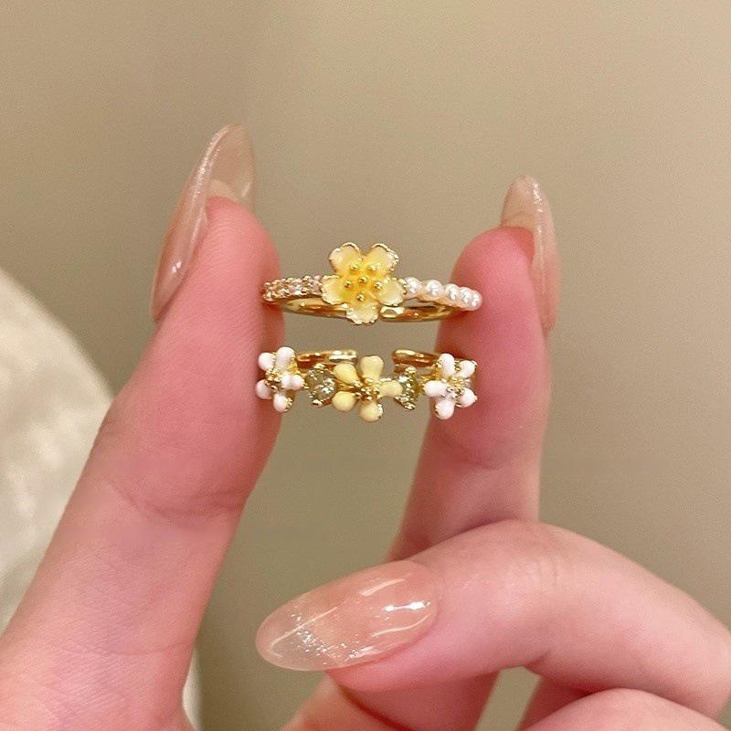 Colorful Beaded Flower Rings For Women Girls Korean  Sweet Large Flower Finger Rings Jewelry Aesthetic Y2K Accessories