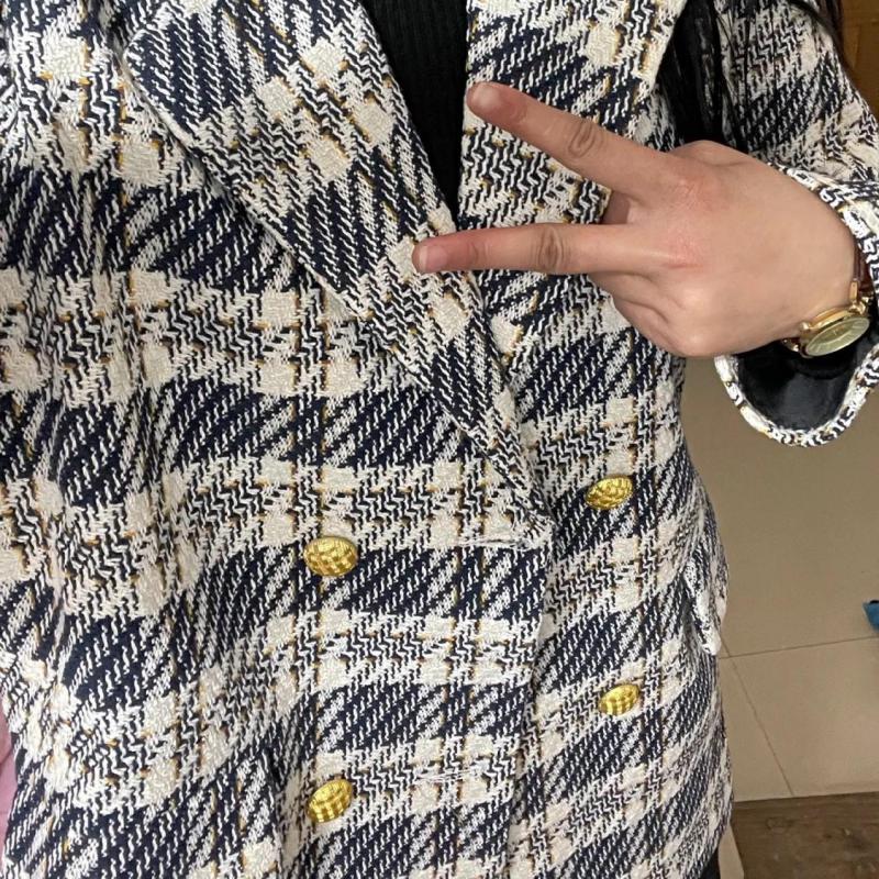 Winter Fashion Double Breasted Women Tweed Blazers And Jackets Blue Formal Plaid Clothes