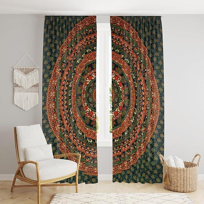 Bless International Beautiful Indian Bohemian Psychedelic Hippie Tree of Life Window Curtain Panels for Bedroom, Living(Green Elephant Camel)