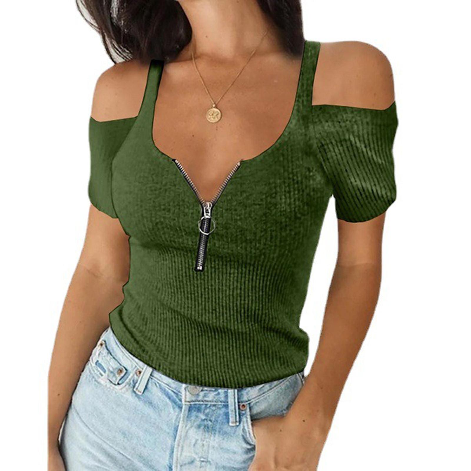 

Женская однотонная футболка с открытыми плечами и v-образным вырезом, блузка с короткими рукавами, топы больших размеров XXXL армия зеленый