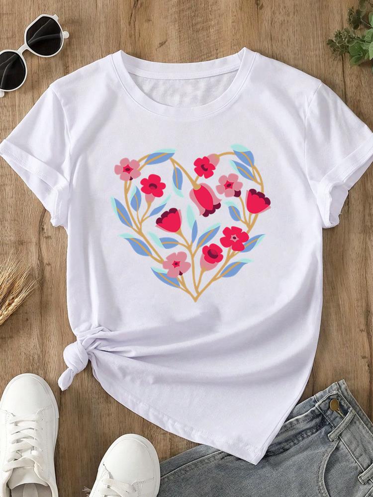 (Asian Size) sweet plant flower Print O-neck Short Sleeve T-shirts Fashion  Casual Women's Top T Female Clothing  Graphic Tee