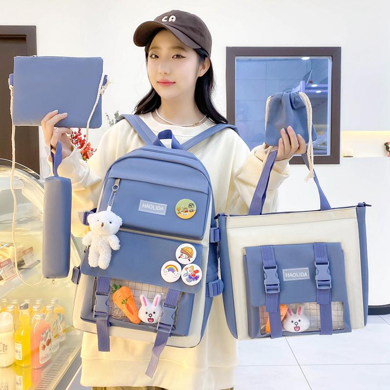 Five Piece Set Student Schoolbag Transparent Backpack  Women Outdoor Portable Storage Bags Large Capacity Travel Bag Gift